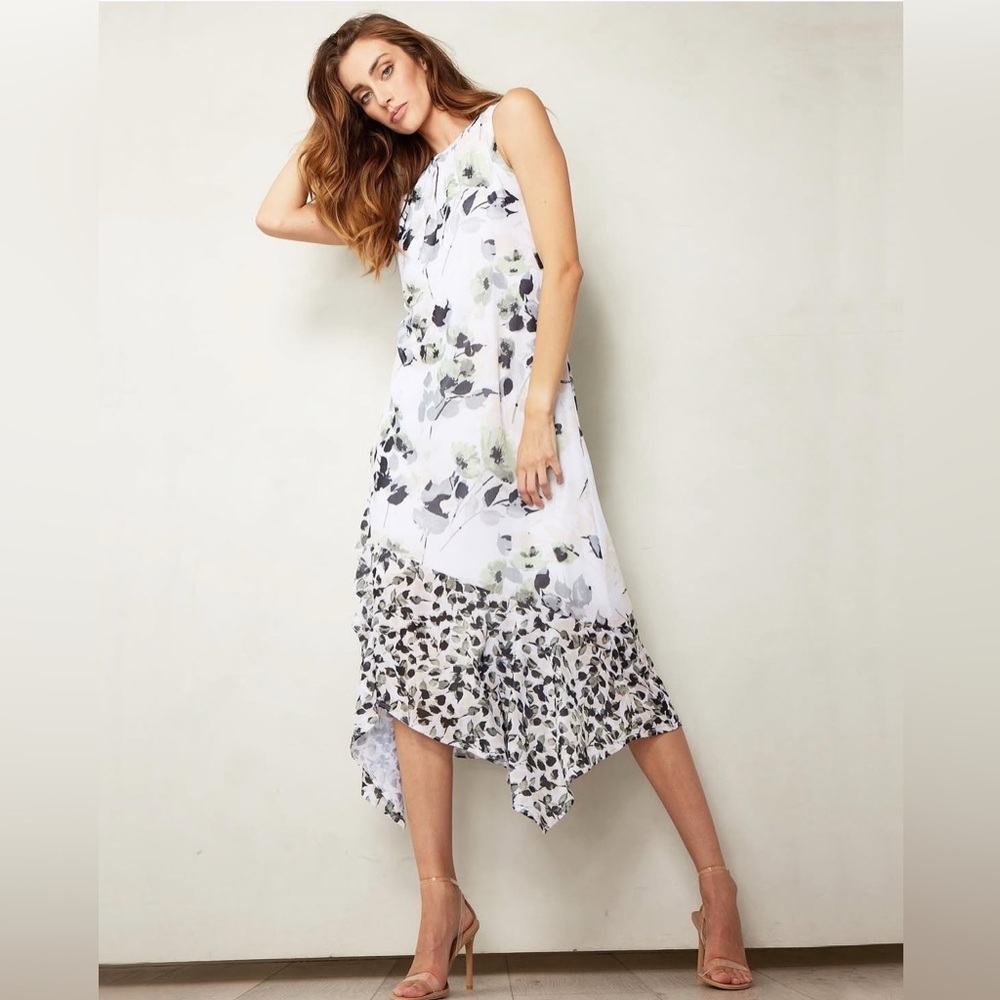 Picadilly • NWT $139 Chic Asymmetrical Floral Dress PTP 17”-21”